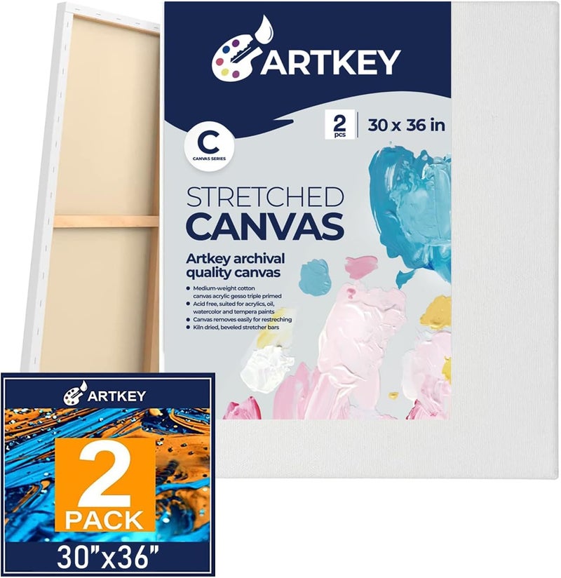 Artkey Stretched Canvases for Painting 30x36 Inch 2-Pack, 12.3 oz Triple Primed Acid-Free 100% Cotton Blank Canvas, Art Canvases for Oil Paint Acrylics Pouring & Wet Art Media, Pour Painting - Image 1